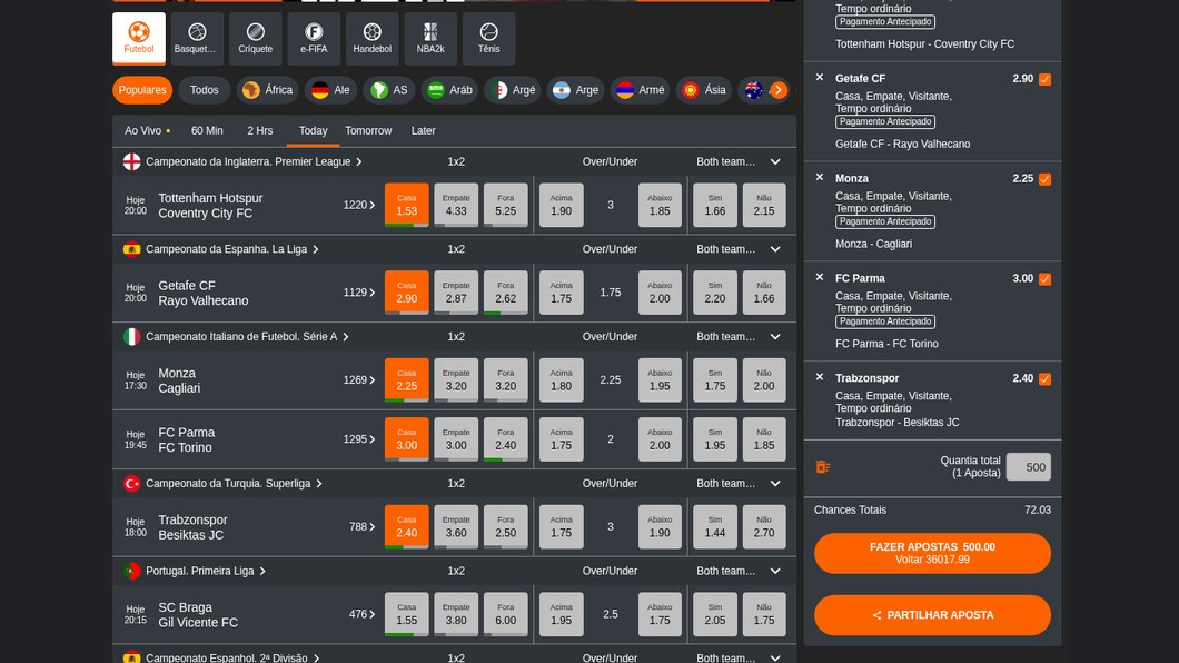 Boletim da 888Bets com cinco jogos e o botão Partilhar aposta