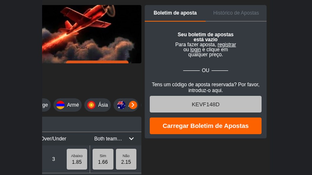 Campo para introduzir um código de aposta reservada e Carregar Boletim na 888Bets