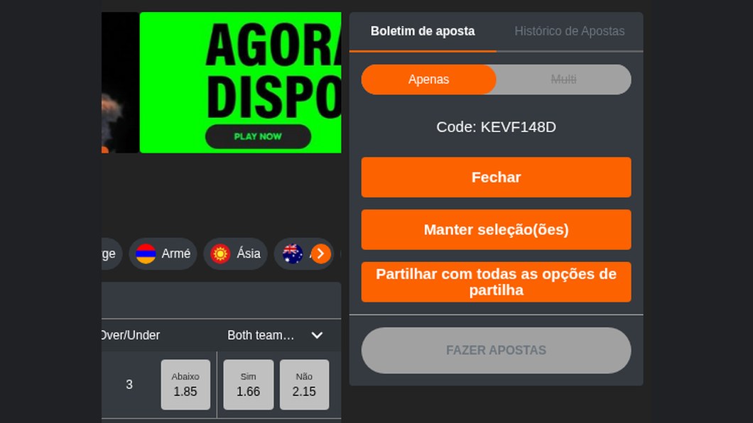 Código de aposta KEVF148D gerado sem conta na 888Bets