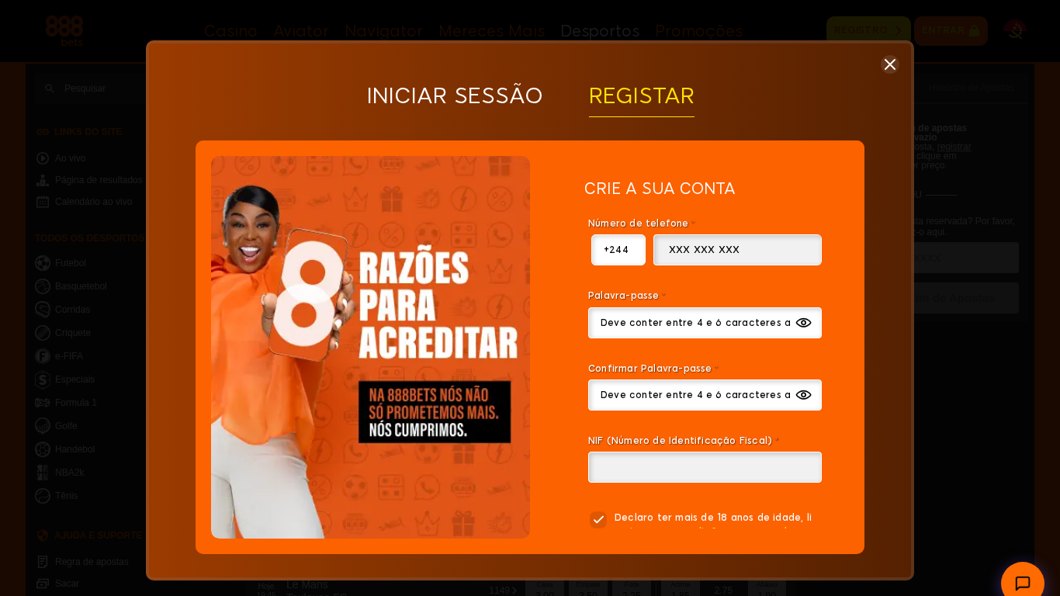 Formulário de registo da 888Bets com telefone, palavra-passe e NIF
