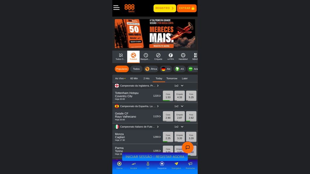 Página de desporto da 888Bets no telemóvel