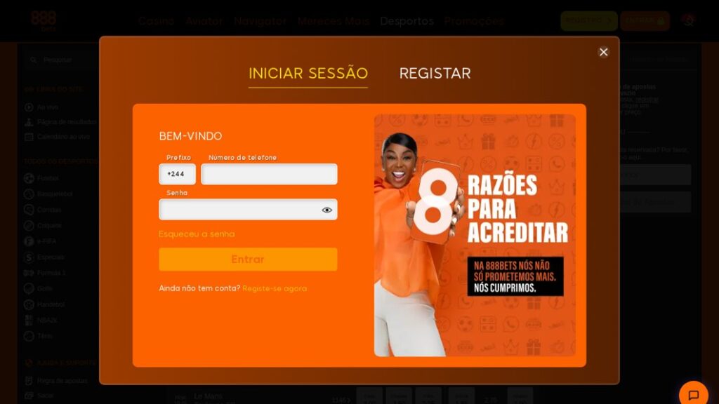 Janela de iniciar sessão da 888Bets com telefone e senha