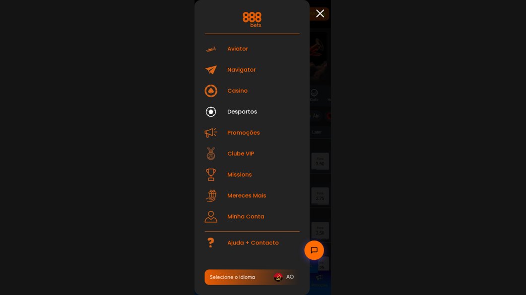 Menu do site móvel da 888Bets com Minha Conta e Ajuda