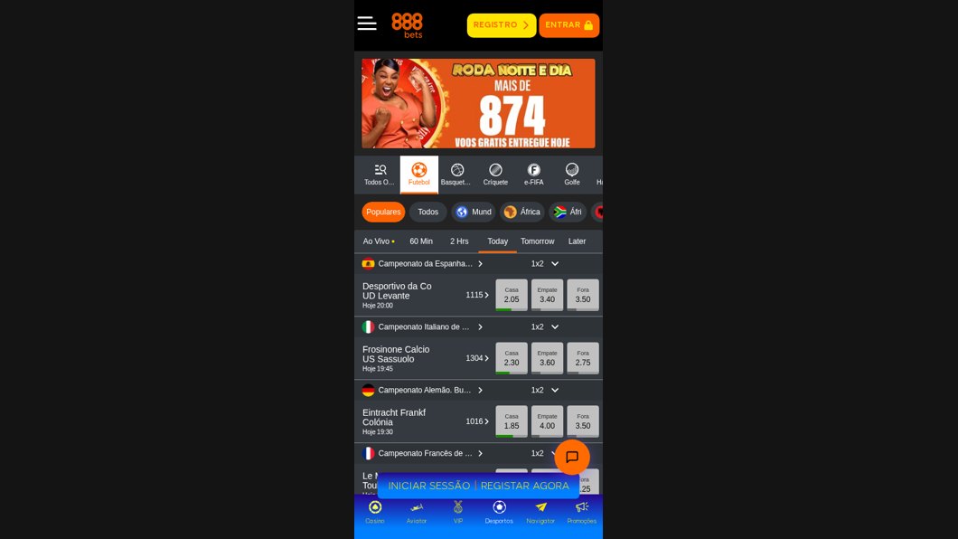 Site móvel da 888Bets com barra de Casino, Aviator e Desportos