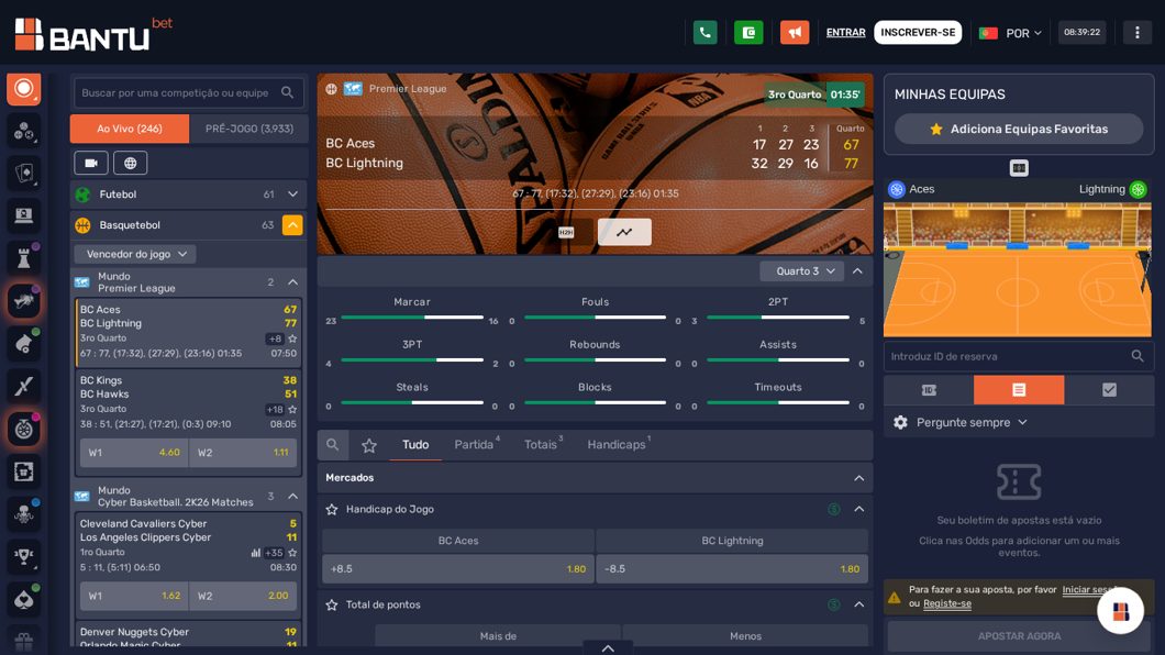Basquetebol ao vivo na Bantubet com estatísticas