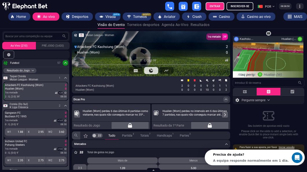 Jogo de futebol ao vivo na Elephant Bet com campo animado e dicas