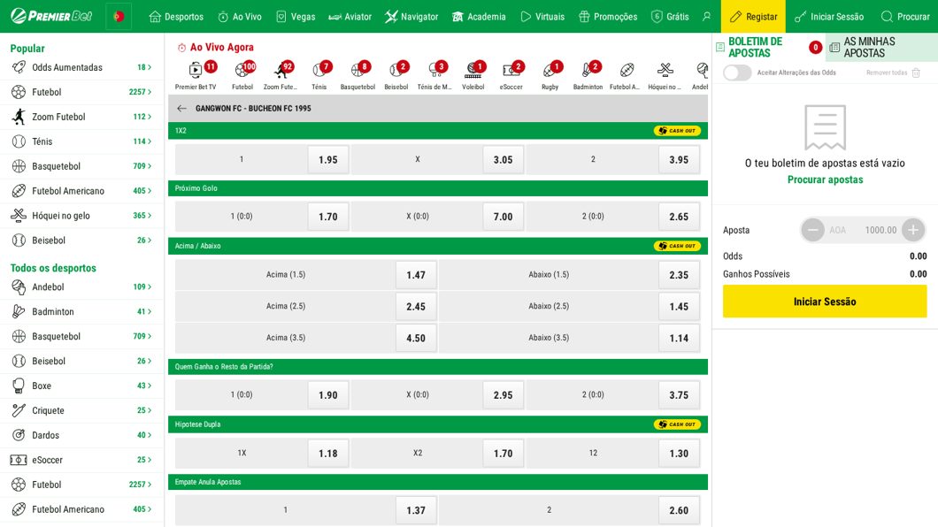 Mercados de um jogo ao vivo na Premier Bet com cash out