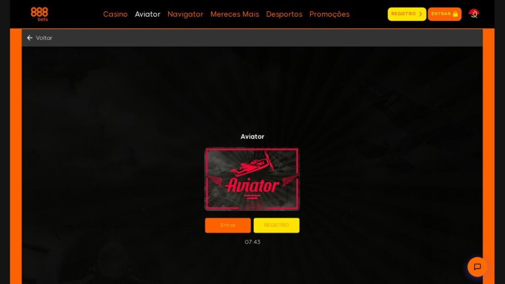 Aviator no casino da 888Bets com as opções Jogar e Demo