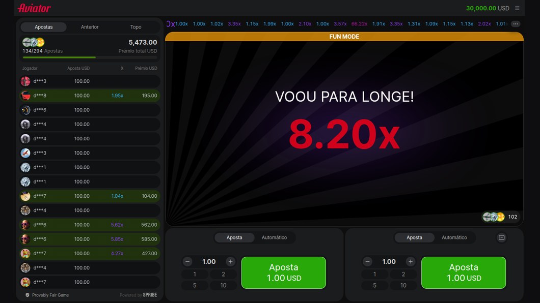 Ronda do Aviator terminada a 8,20x com a mensagem Voou para longe