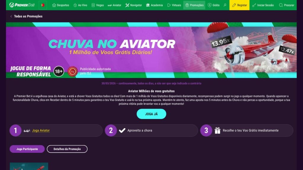 Promoção Chuva no Aviator com 1 milhão de voos grátis diários na Premier Bet