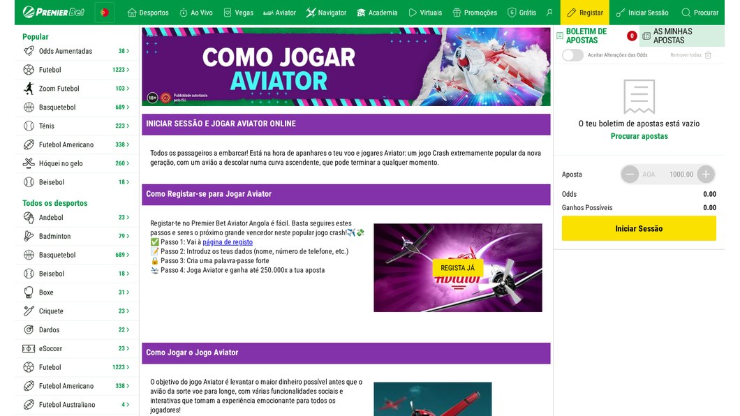 Página Como Jogar Aviator da Premier Bet Angola