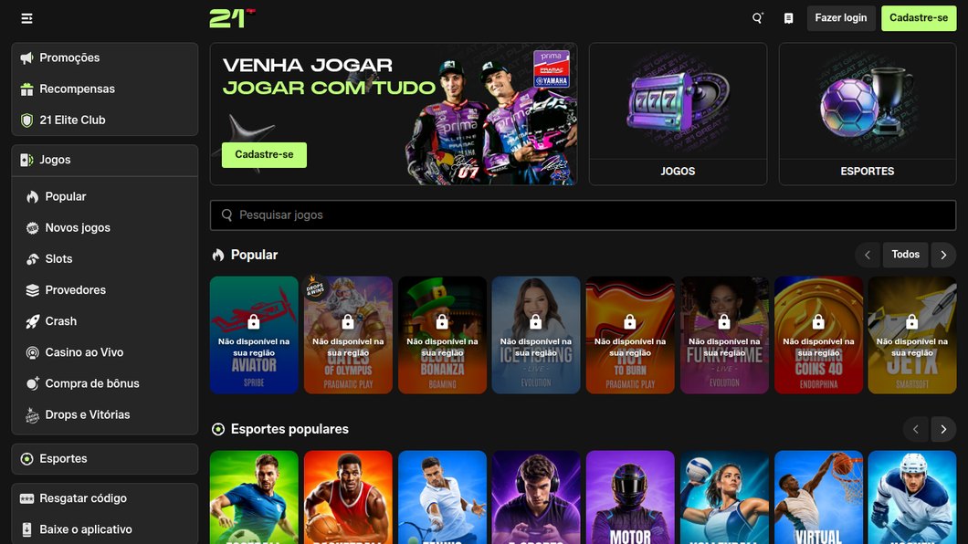 Site da 21 Bet no computador, com Baixe o aplicativo no menu lateral