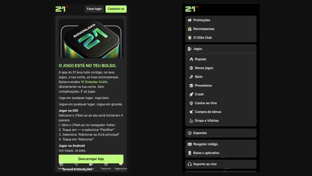 Página da app da 21 Bet com as 10 rodadas grátis e menu com Baixe o aplicativo
