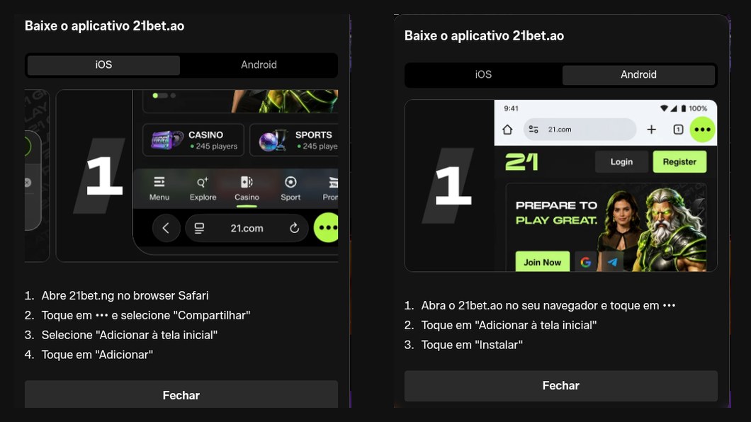 Instruções da 21 Bet para instalar a app no iPhone e no Android