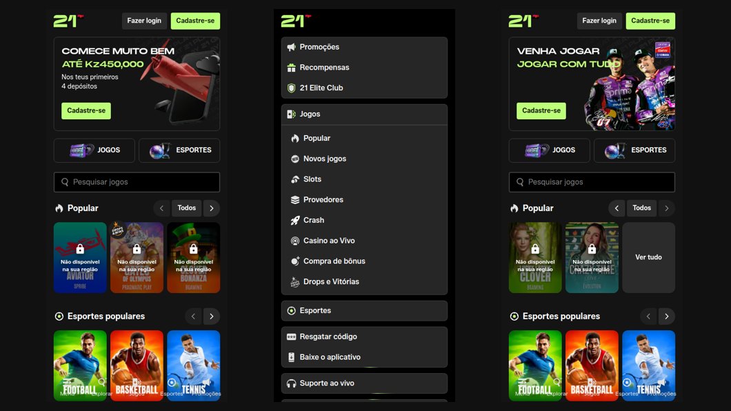 Site da 21 Bet no telemóvel: página inicial e menu