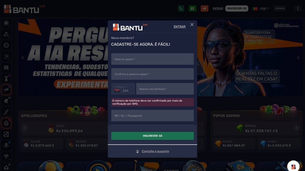 Formulário de registo da Bantubet