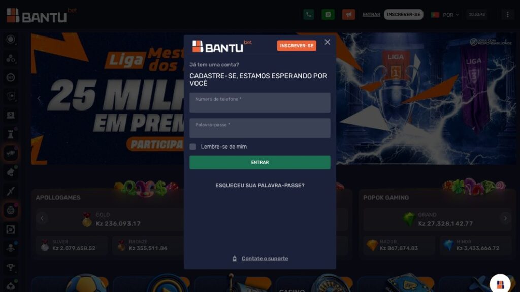 Janela de iniciar sessão na Bantubet com número de telefone e palavra-passe