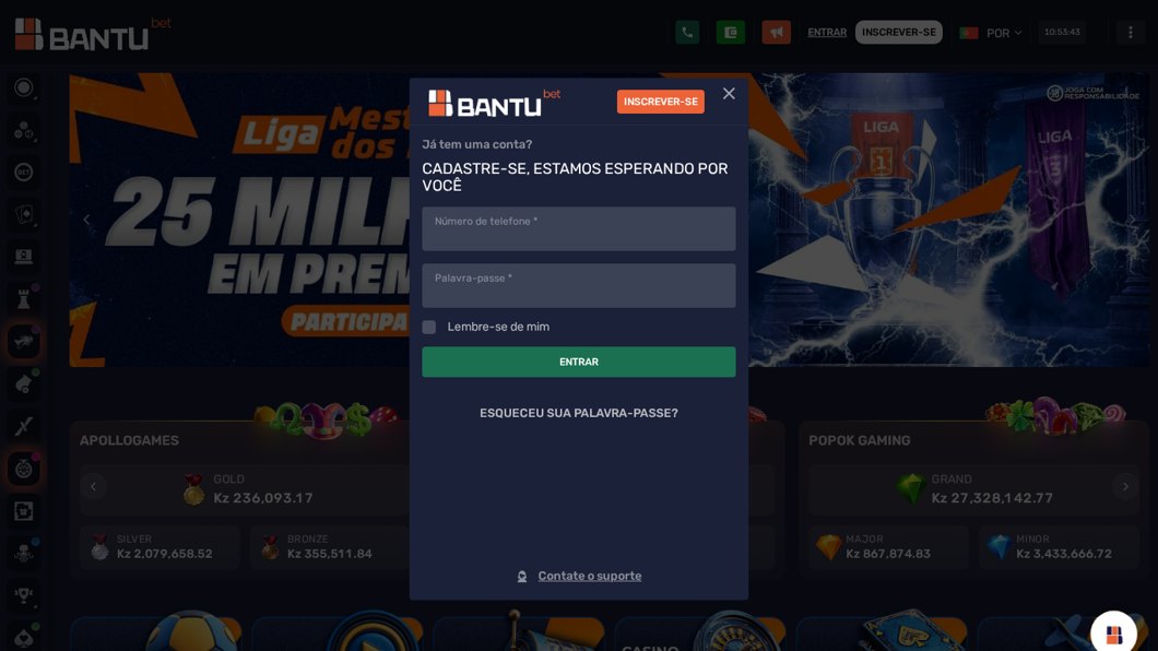 Janela de iniciar sessão na Bantubet com número de telefone e palavra-passe