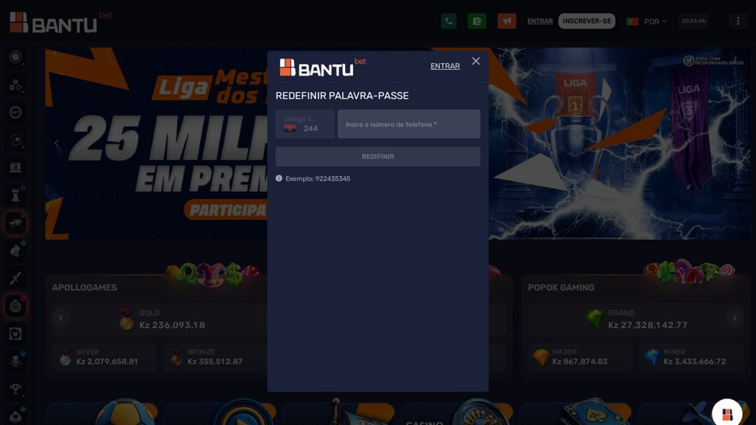 Redefinir a palavra-passe da Bantubet com o número de telefone