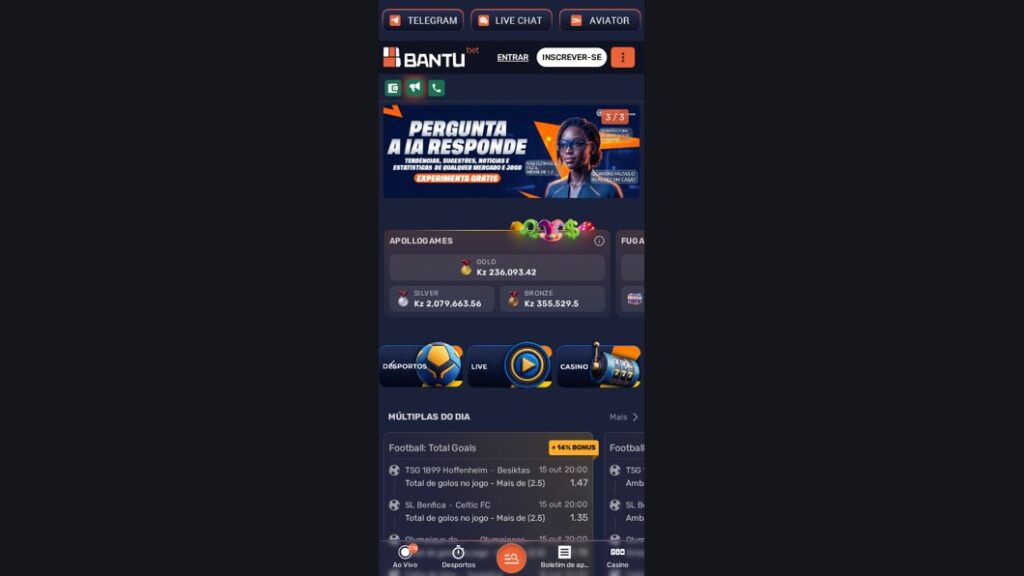 Site móvel da Bantubet com atalhos para Telegram, Live Chat e Aviator