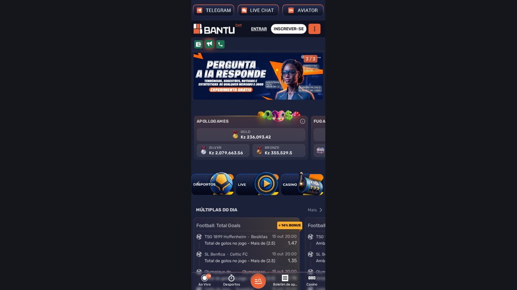 Site móvel da Bantubet com atalhos para Telegram, Live Chat e Aviator