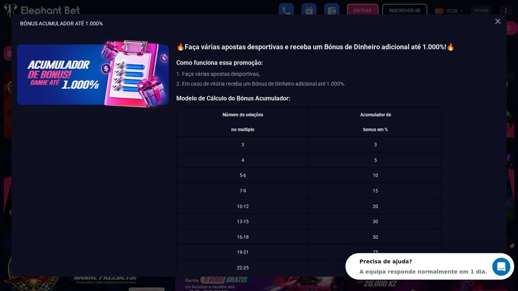 Bónus Acumulador até 1.000% da Elephant Bet