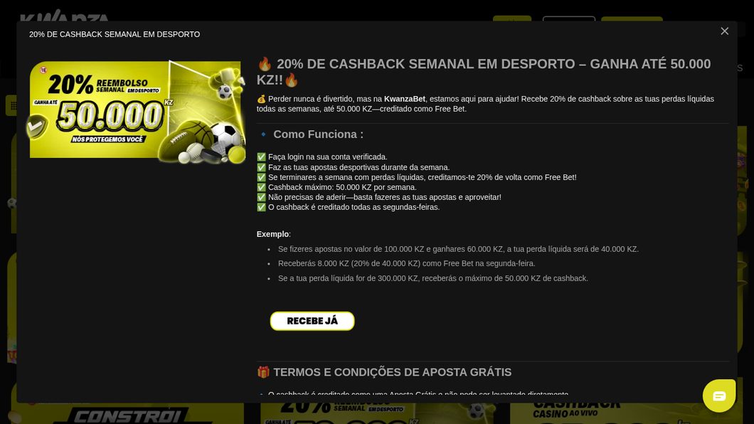Cashback semanal de 20% da Kwanzabet