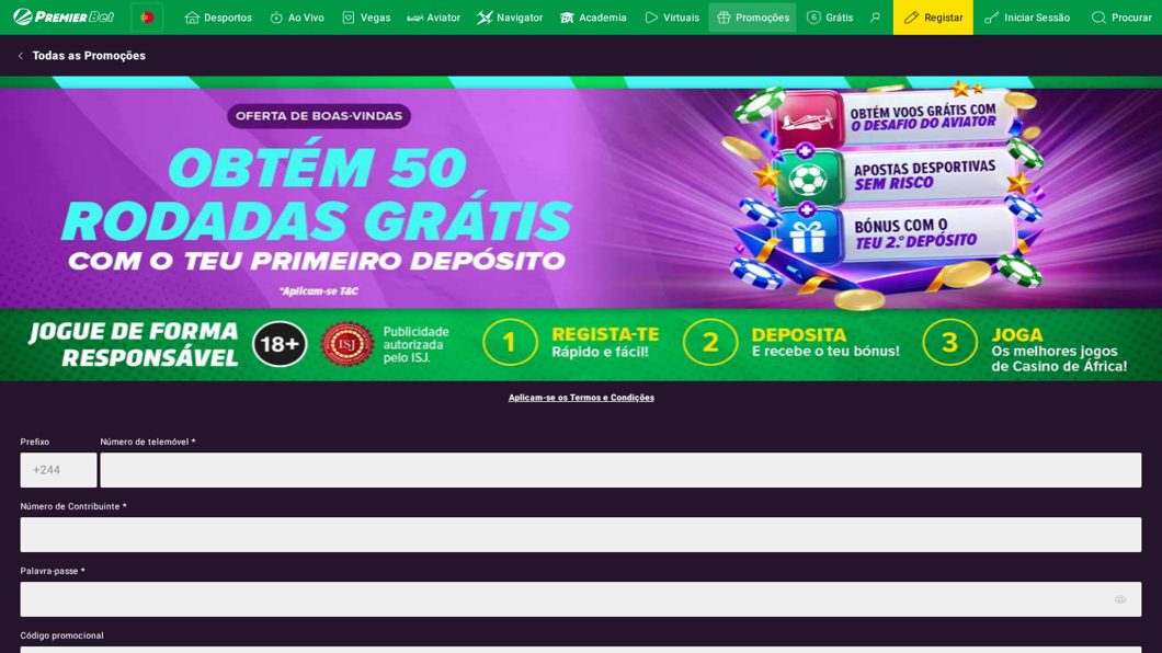 Formulário de registo da Premier Bet com campo de código promocional
