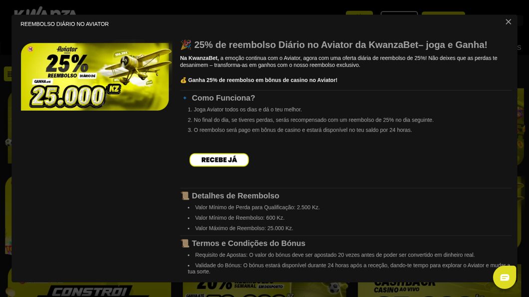 Reembolso diário de 25% no Aviator da Kwanzabet