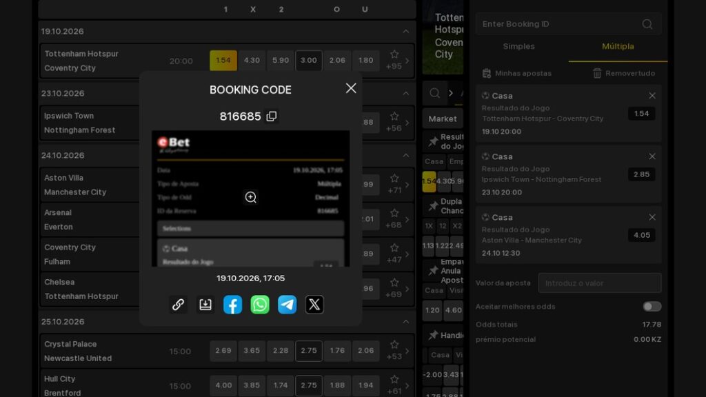 Booking code 816685 gerado sem conta na eBet com a imagem da ficha e botões de partilha