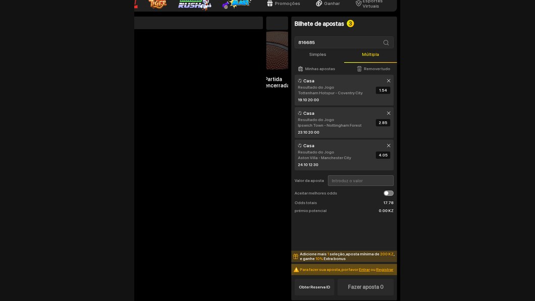 Ficha da eBet carregada pelo Booking ID sem sessão iniciada