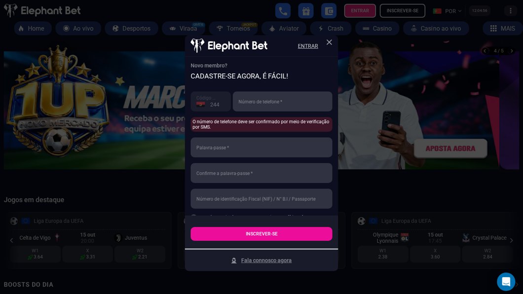 Formulário de registo da Elephant Bet