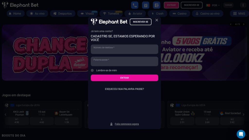 Janela de iniciar sessão na Elephant Bet com número de telefone e palavra-passe