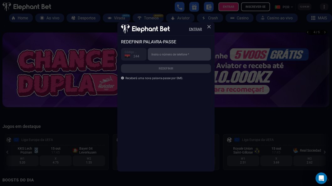 Redefinir a palavra-passe da Elephant Bet por SMS