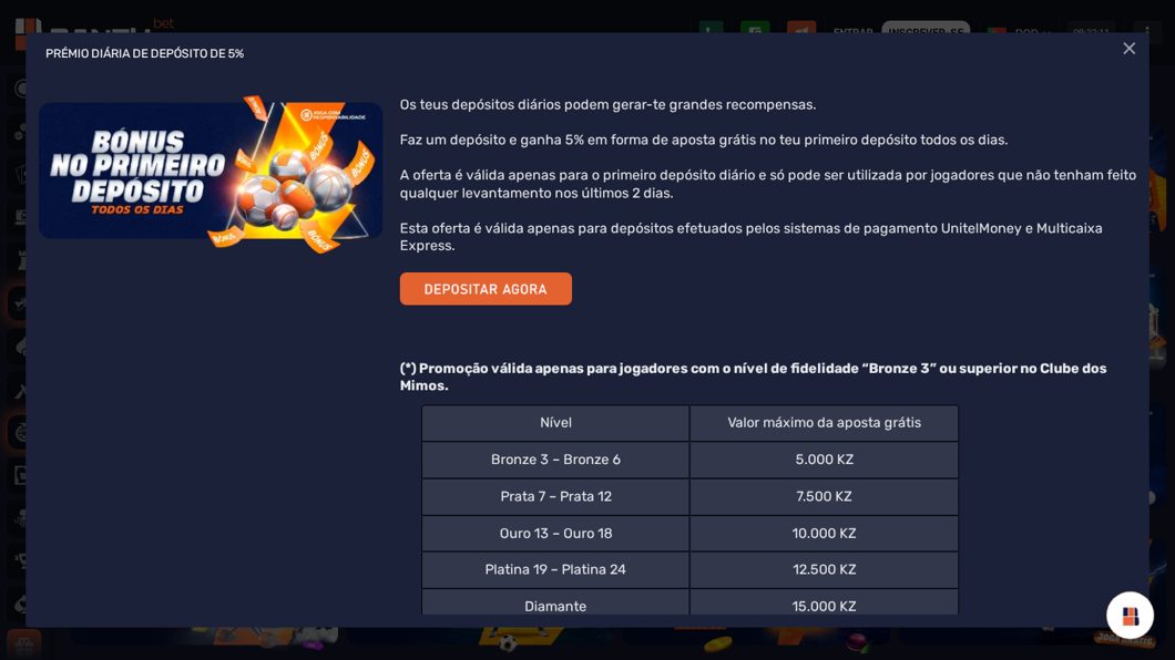 Aposta grátis de 5% do depósito diário na Bantubet