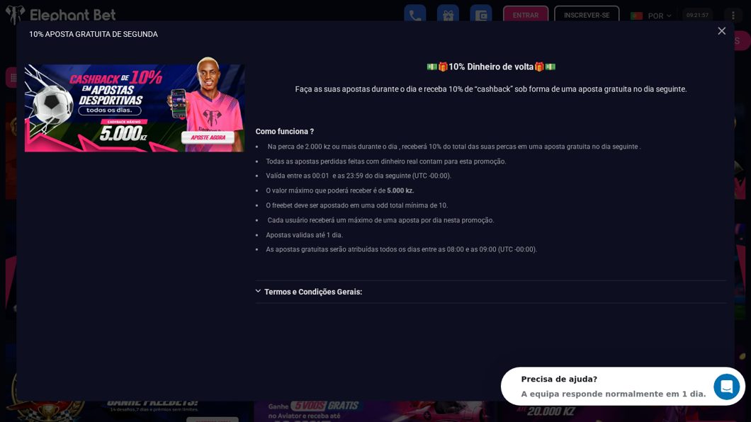 Aposta grátis de 10% das perdas do dia na Elephant Bet