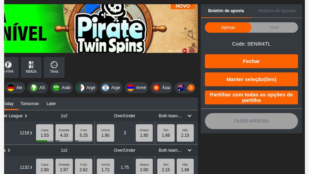 Código de aposta gerado no boletim da 888Bets com opções de partilha