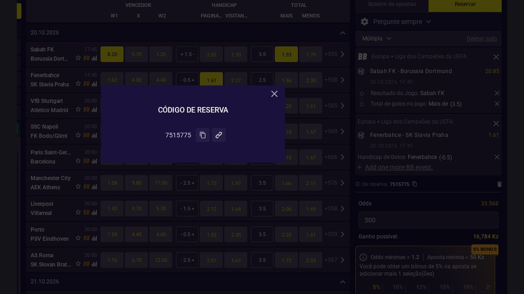Código de reserva 7515775 gerado sem conta no boletim da Kianda Bet