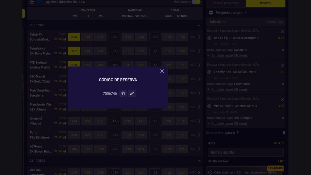 Código de reserva 7556746 gerado sem conta na Kianda Bet