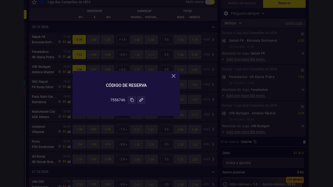 Código de reserva 7556746 gerado sem conta na Kianda Bet