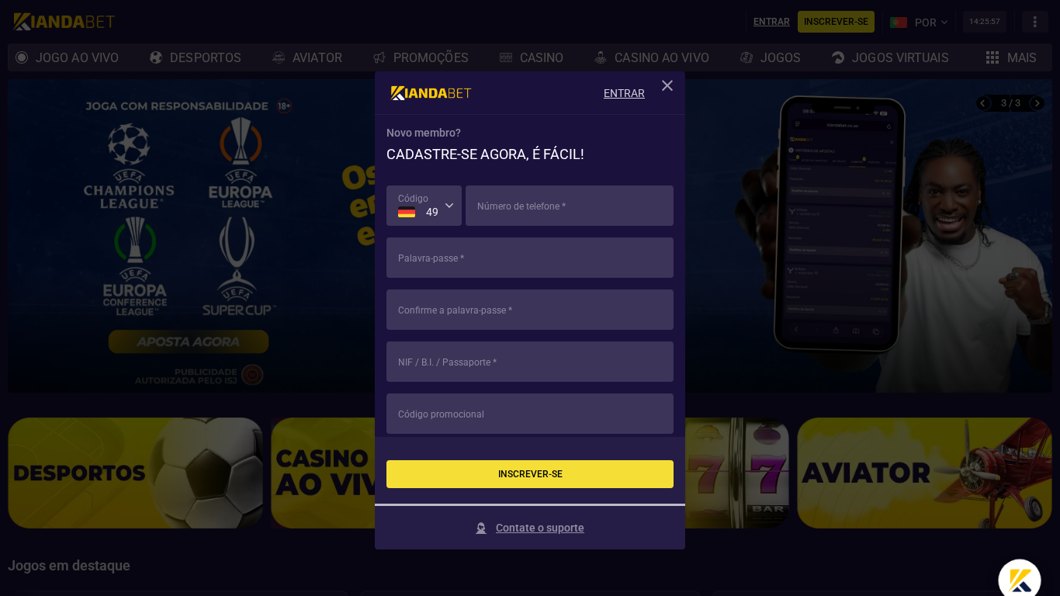 Formulário de registo da Kianda Bet