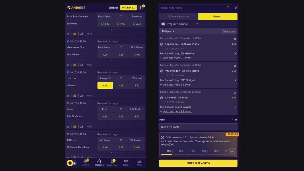 Ficha rápida da Kianda Bet no telemóvel: jogos escolhidos e separador Reservar