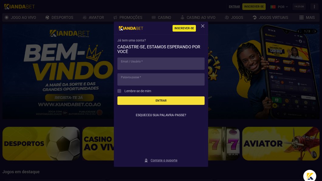 Iniciar sessão na Kianda Bet com e-mail ou utilizador