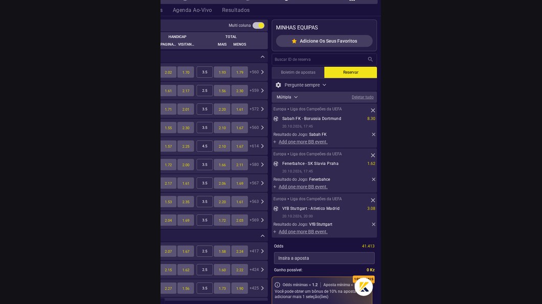 Separador Reservar do boletim da Kianda Bet com três jogos e o botão Obter ID de aposta