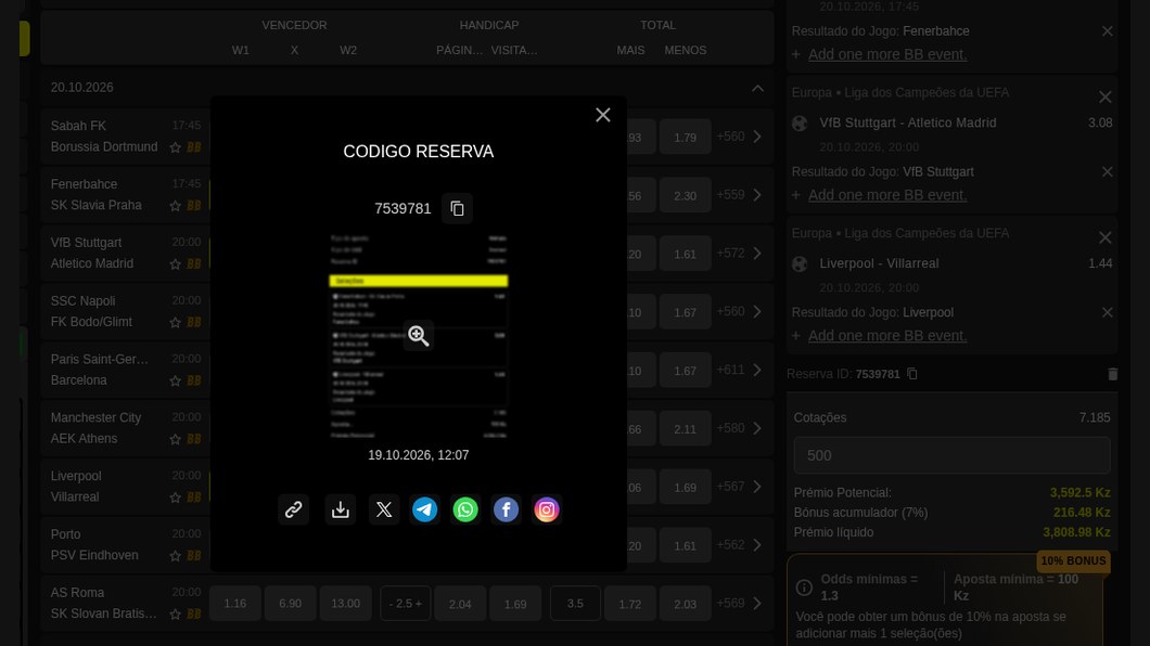 Código de reserva 7539781 da Kwanzabet com a imagem da ficha e os botões de partilha
