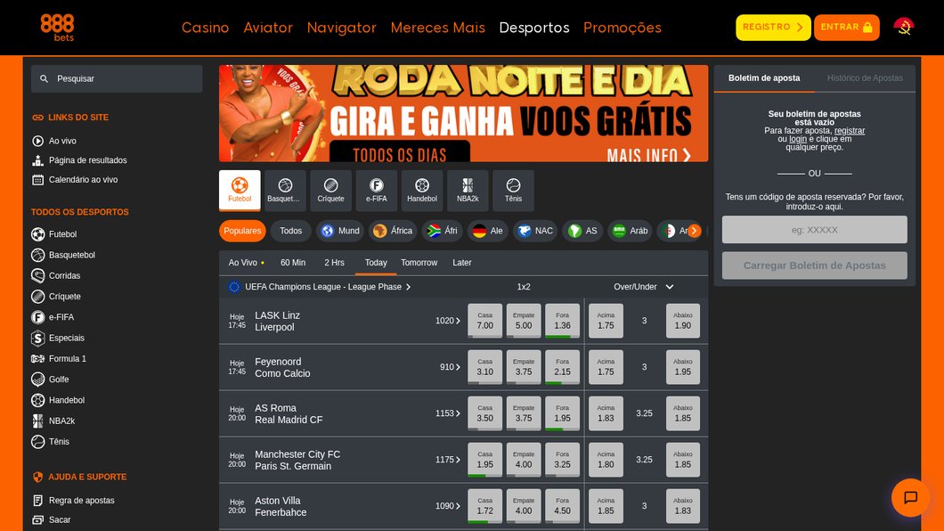 Página inicial da 888Bets com as apostas da Liga dos Campeões