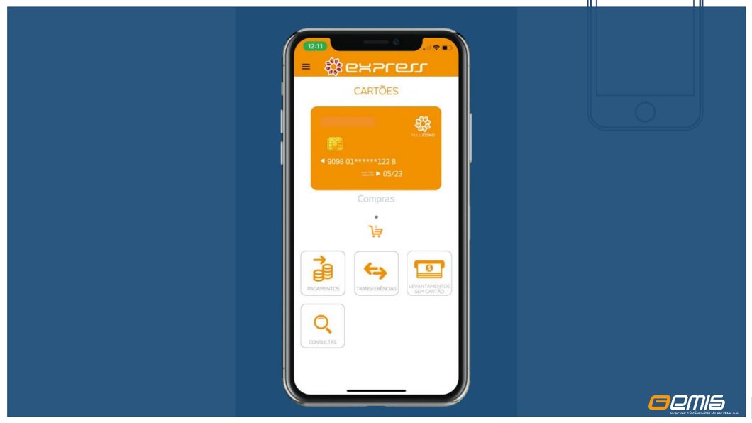Ecrã de cartões da app Multicaixa Express (apresentação EMIS)