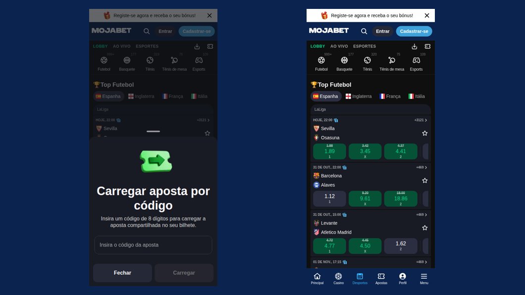 Carregar aposta por código no telemóvel, no ícone do topo da secção de desportos