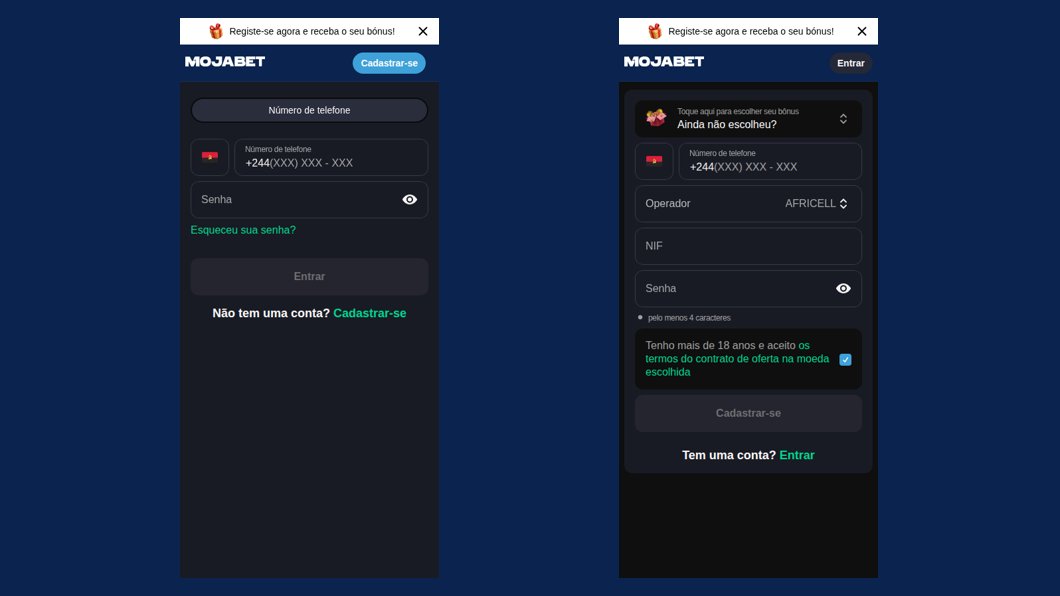 Ecrãs de entrar e de registo da Mojabet no telemóvel
