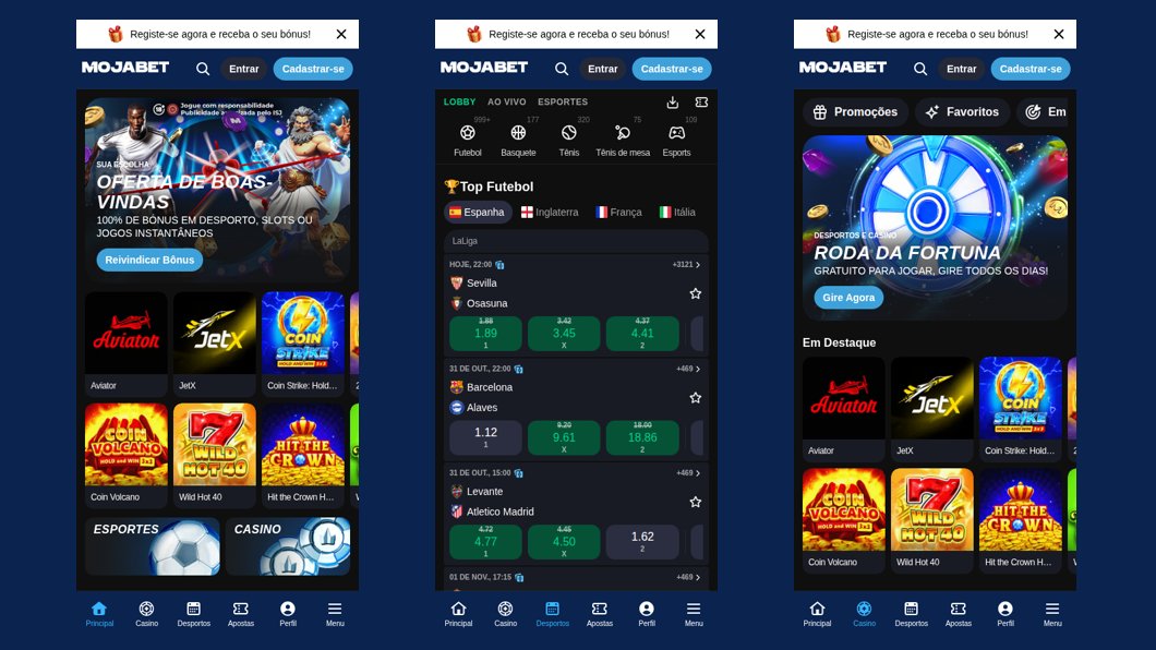 Site da Mojabet no telemóvel: página inicial, desportos e casino